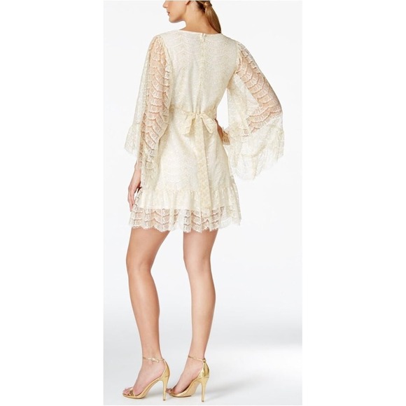 Betsey Johnson Womens Ivory & Gold Chantelle Lace Boho Flare Slv Mini Dress Sz 6 - Picture 2 of 8